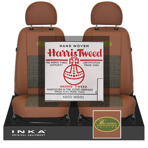 Land Rover Defender L316 INKA Tan Leatherette & Harris Tweed Front Pair Tailored Seat Covers MY07-16 With Embroidery