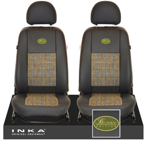 Land Rover Defender L316 INKA Front Pair Tailored Leatherette Seat Covers Ebony Black & Harris Tweed MY07-16 With Embroidery