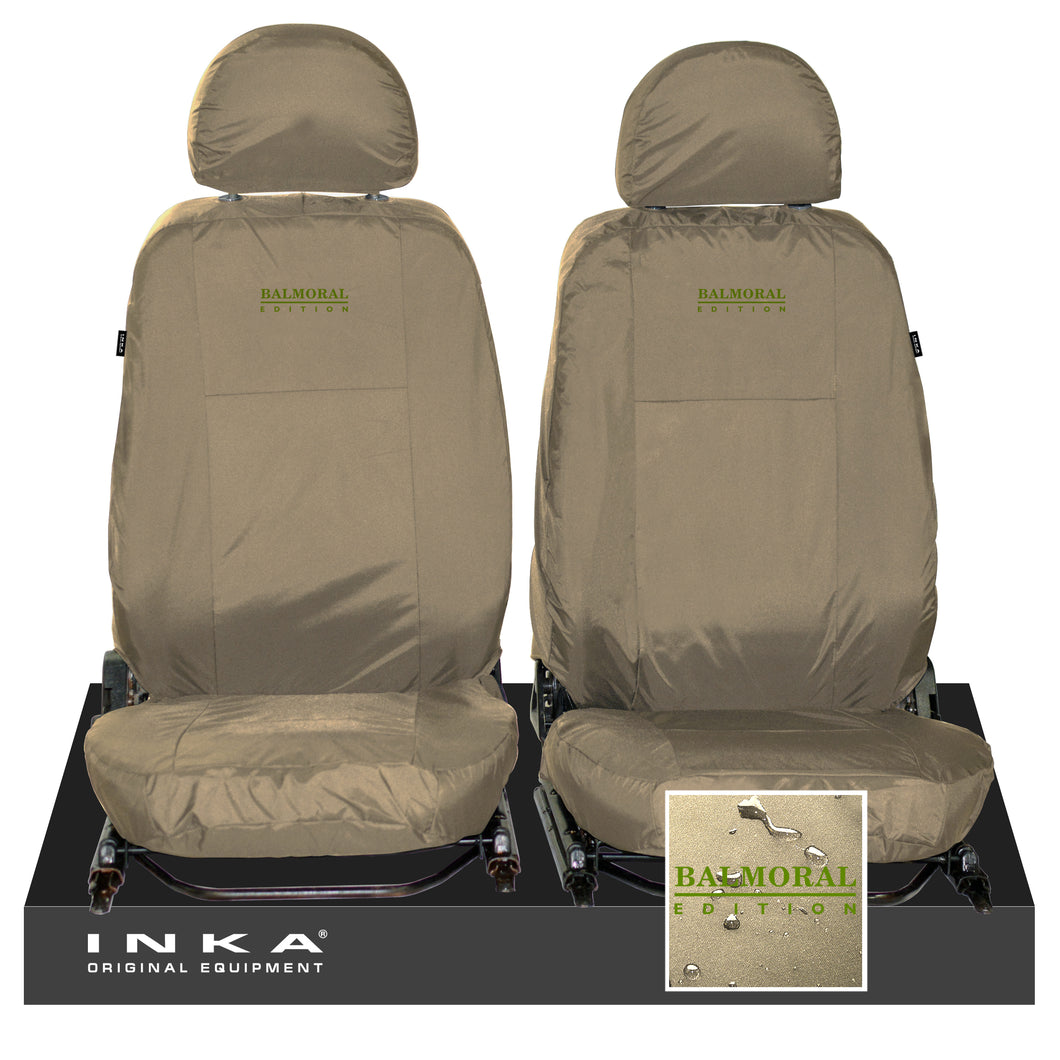 Land Rover Defender Front Set L316 INKA Tailored Waterproof Sear Covers Beige-  Fits 90/110- MY-07-16 With Bespoke Balmoral Edition Embroidery