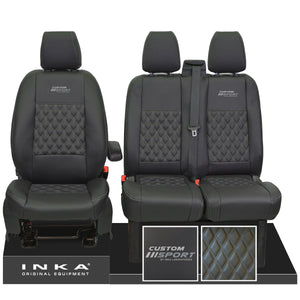 Ford Transit Custom Sport Embroidery INKA Front Set 1+2 Tailored Leatherette Bentley Diamond Quilt Stitching Second Skin Seat Covers Black MY12-23 Choice of 7 colours