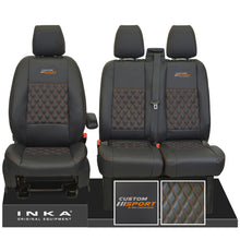 Load image into Gallery viewer, Ford Transit Custom Sport Embroidery INKA Front Set 1+2 Tailored Leatherette Bentley Diamond Quilt Stitching Second Skin Seat Covers Black MY12-23 Choice of 7 colours
