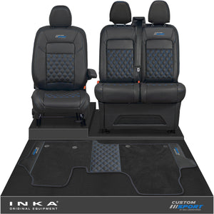 All New Ford Transit Custom Front 1+2 Bentley Leatherette Tailored Seat Covers & Matching Tailored Floor Mat Black MY-2024> (7 Colours)