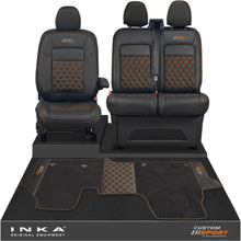 Load image into Gallery viewer, All New Ford Transit Custom Front 1+2 Bentley Leatherette Tailored Seat Covers &amp; Matching Tailored Floor Mat Black MY-2024&gt; (7 Colours)
