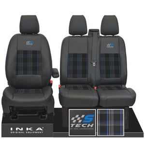 Ford Transit Custom 12-23 Inka S-Tech Front 1+2 Second Skin Tailored Leather Look Seat Covers With Tartan.