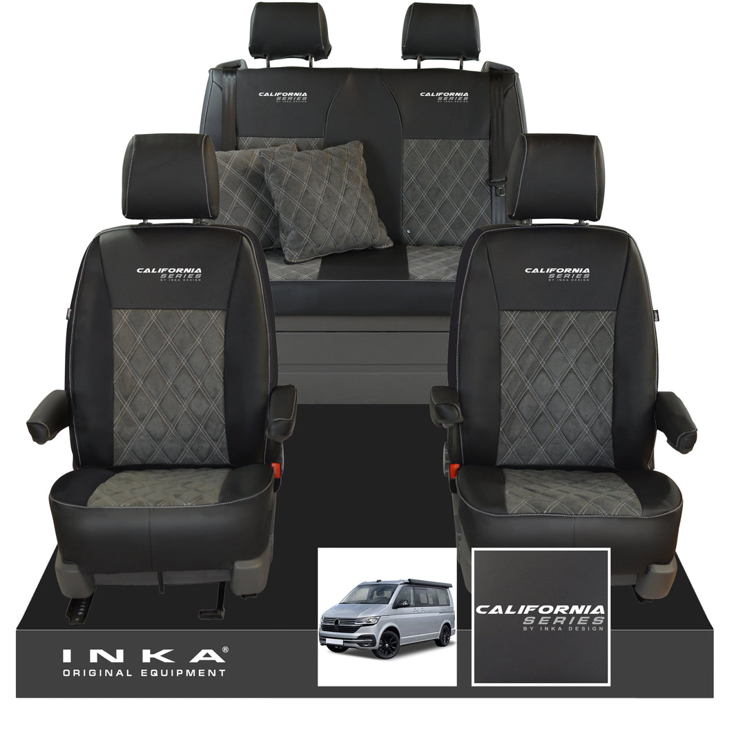 VW California T6.1, T6, T5.1, T5 Ocean, Coast, Beach, SE, Surf INKA Tailored Seat Covers Second Skin Leatherette With Suedetara Bentley Diamond quilted centres