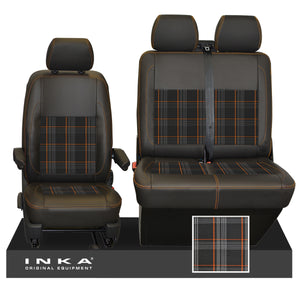 VW Transporter T6.1, T6, T5.1 Front 1+2 INKA Leatherette Tartan Tailored Seat Covers Black Fits Panel Van & Kombi