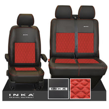 Load image into Gallery viewer, VW Transporter T6.1, T6, T5.1 Front 1+2 INKA Steel Badge Leatherette Suedetara Tailored Seat Covers Black Fits Panel Van &amp; Kombi
