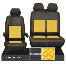 Load image into Gallery viewer, VW Transporter T6.1, T6, T5.1 Front 1+2 INKA Steel Badge Leatherette Suedetara Tailored Seat Covers Black Fits Panel Van &amp; Kombi
